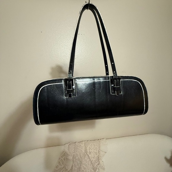Vintage Fendi Black Patent Leather Boston Bowler Bag White Trim - Picture 6 of 12